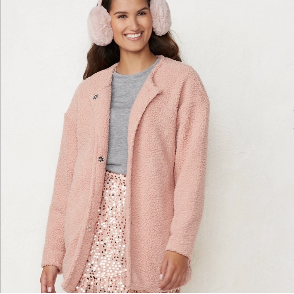 LC Lauren Conrad Fashion Jacket Somber Pink/Peach Teddy Coat Lined Woman’s Sz L